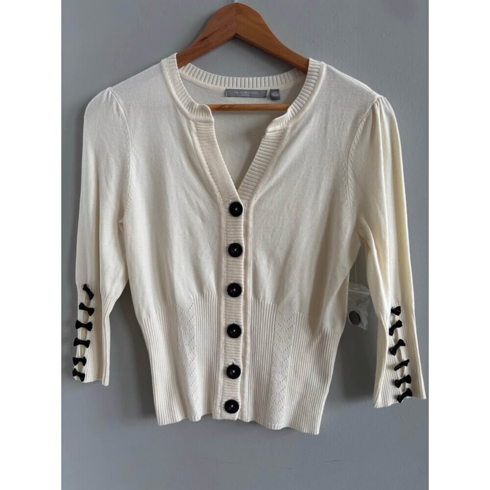 NWOT NY Collection Petite Small Cream Cardigan Black Bow Sleeve Ribbed Waist PS